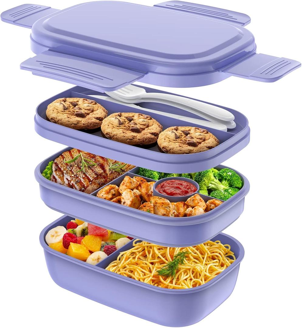 Stackable Bento Box for Adult Kids, Large Capacity 1900ml, Leak-Proof Lunchbox Containers with Utensil Set for Dining Out, Work, Picnic, School (Macaron)