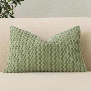 UGASA Spring Velvet 12x20 Inch Lumbar Throw Pillow Cover, Both Sides Corduroy Striped, Soft Solid Decorative Rectangular Cushion Case for Couch/Bedroom/Car, 1 Piece, Sage Green