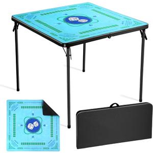 34" Mahjong Table & Mat Set, Square Foldable Folding Card Table with Non-Slip Waterproof Rubber Mat, Steel Legs & Carry Handle, Portable for American Mahjong/Party/Camping/Indoor Outdoor Use(Black)