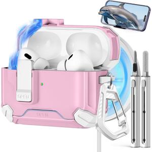 Pohgelan Compatible with AirPods Pro 2nd/1st Case,Magnetic Automatic Lock with Phone Stand & Cleaning Kit,Compatible with Magsafe Cover -White-Pink