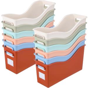 Meonum 12 Pcs Book Bin Bulk - Plastic Boho Classroom Storage Bin with Handle & Labels for School Home Office File Folder Binder Organization Supplies Meonum 12 Pcs Book Bin Bulk - Plastic Boho Classroom Storage Bin with Handle & Labels for School Home Office File Folder Binder Organization Supplies