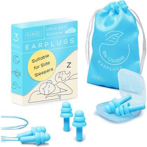 Soft Ear Plugs for Sleeping Noise Reduction, Made of Silicone, Suitable for Sleeping & Swimming, Soft Reusable Earplugs for Noise Reduction, Adjustable Size for Concerts & Snoring (3 Pairs) (Light Blue)