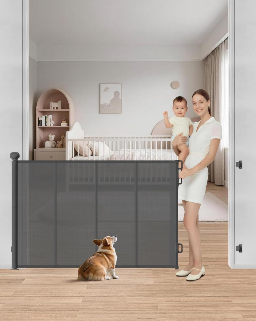 Retractable Baby Gate, 55" Wide Mesh Gate with 4 Reinforced Rods, Prevents Kids & Dogs from Crawling Under, 34" Tall Easy-to-Use Pet Gate for Stairs, Bedrooms, Hallways, Indoor/Outdoor, Gray