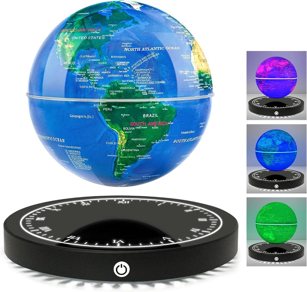 Flagest Magnetic Levitating Floating Globe with LED Lights, 16 Colors Rotating Globe Lamp with Clock Base for Home Office Desk Decor, Cool Tech Gadgets for Men Husband Boys and Girls