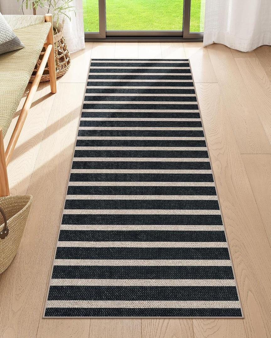 Lahome Elance Striped Easy Jute Kitchen Runner, 2x6 Washable Rug Runners for Hallways Non Slip Entryway Rug, Farmhouse Neutral Indoor Outdoor Black Carpet for Laundry Room Front Porch