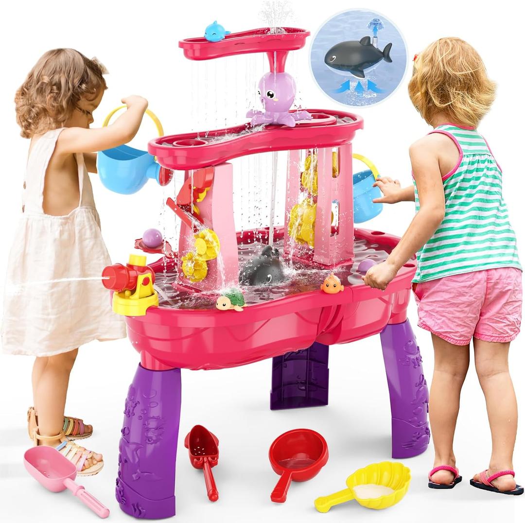 Water Table for Toddlers 3-5 with Water Pumb, 3-Tier Kids Sand Water Table, Rain Showers Splash Pond for Outdoor Beach Backyard Summer, Activity Sensory Play Table for Girls, Pink