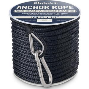 Rainier Supply Co. Boat Dock Lines & Rope- Premium Double Braided Nylon Boat Anchor Rope 100 ft x 1/ 2"| 150ft x 1/ 2" | 100ft x 3/ 8" | 150ft x 3/ 8" - Anchor Line, Marine Rope with Thimble & Snap Hook