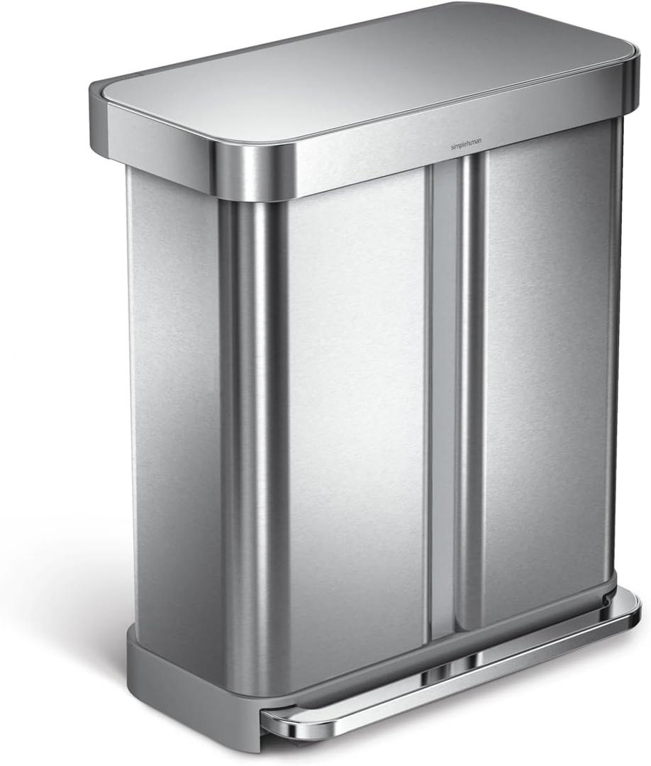 simplehuman 58 Liter / 15.3 Gallon Rectangular Hands-Free Dual Compartment Recycling Kitchen Step Trash Can with Soft-Close Lid, Brushed Stainless Steel