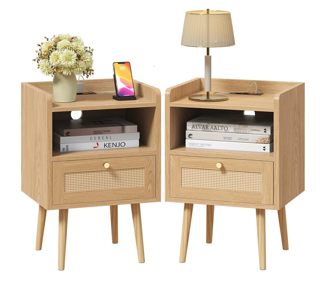 Night stand Set of 2, Bedside Tables with Charging Station, Rattan End Tables, Boho Bed Side Tables, Wood Nightstands set of 2 for Kids' Room Farmhouse Bedroom Living Room Dorm Sofa Couch (Natural)