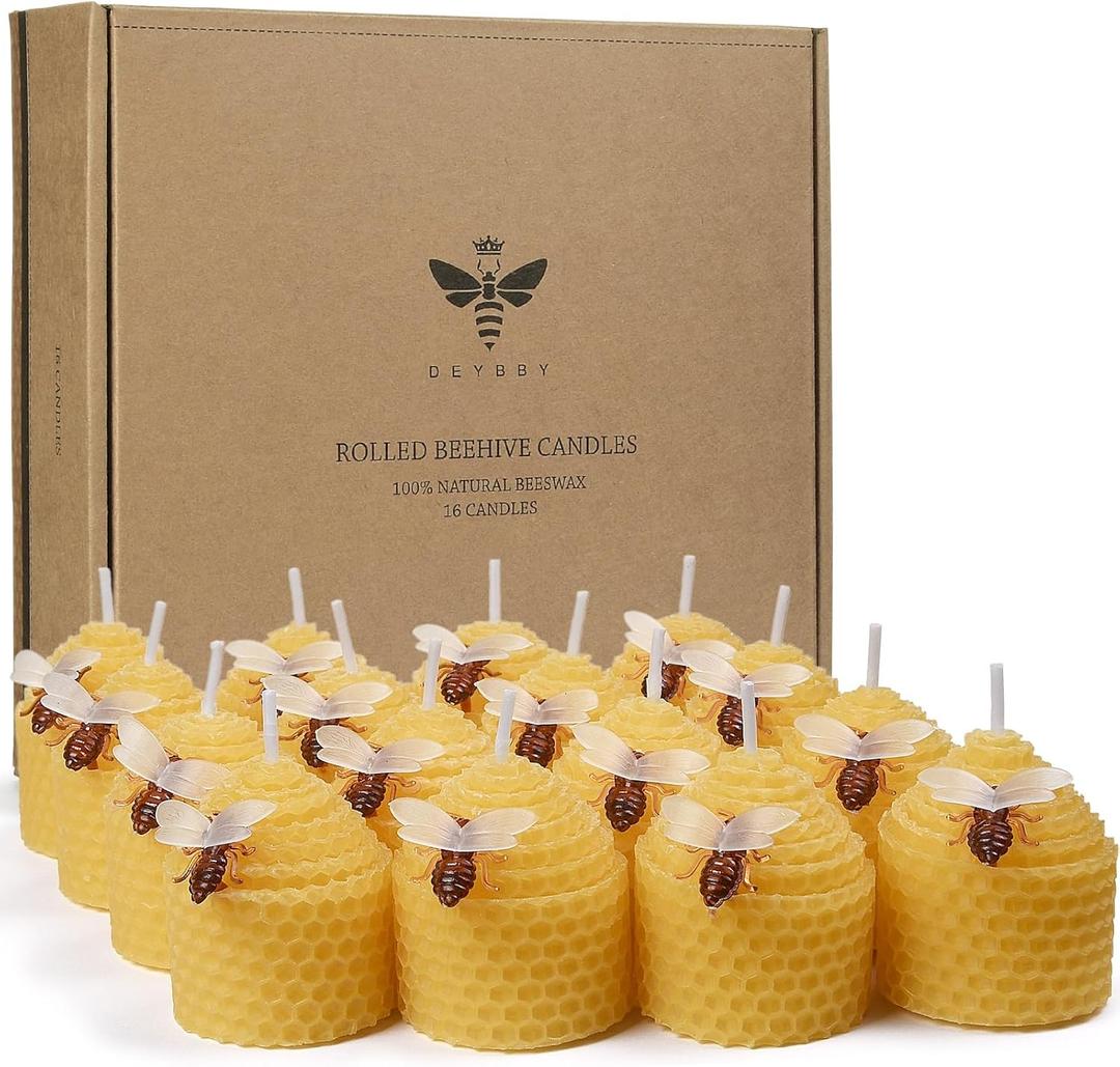 DEYBBY Natural Beeswax Candles Bulk Set of 16, Small Bee Votive Candles with Little Bee Decorations as Gift (Yellow)