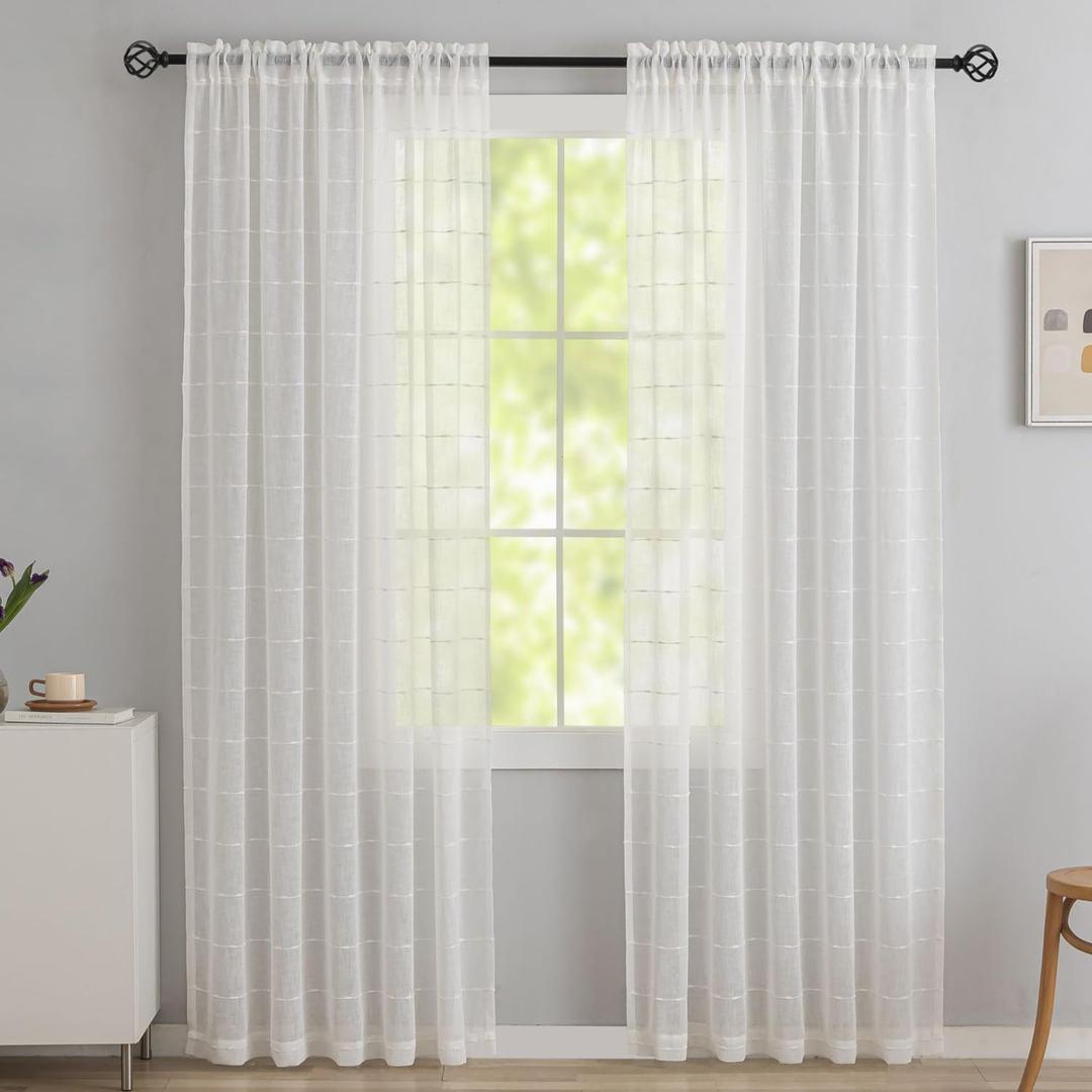 White Sheer Curtains 84 inches Long Modern Aesthetic Boho Faux Linen Curtains With Stripe Pattern Privacy Light Filtering Curtain Panel Drapes for Bedroom Living Room Sliding Door 52"W x 84"L White Sheer Curtains 84 inches Long Modern Aesthetic Boho Faux Linen Curtains With Stripe Pattern Privacy Light Filtering Curtain Panel Drapes for Bedroom Living Room Sliding Door 52"W x 84"L