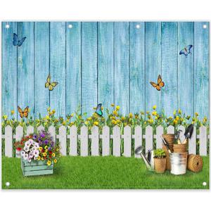 ZTHMOE 10x8ft Fabric Spring Photography Backdrop Easter Garden Floral Background Butterfly Grass Blue Wooden Wall Banner Photo Booth Studio Props