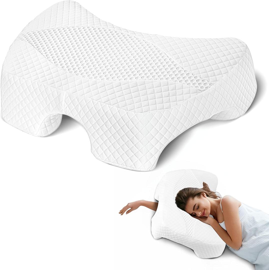 Side Sleeper Pillow with Arm Hole, Shoulder Relief System, Arm Pillow for Neck and Shoulder Pain, Premium Memory Foam, Suitable for Side, Back and Stomach Sleepers - White