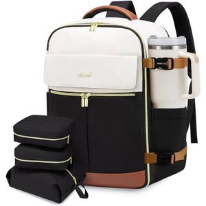 LOVEVOOK Travel Backpack for Women, TSA Carry On Backpack Flight Approved Luggage, 40L Water Resistant Personal Item Daypack Large Weekender Bag fit 17 inch Laptop with 3 Cubes, Beige-black-brown