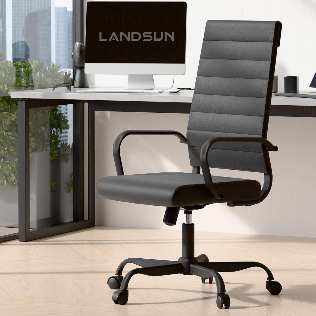 LANDSUN Home Office Chair High Back Executive Chair Ribbed Leather Computer Desk Chair with Armrests Soft Pad Adjustable Height Swivel Conference Black Frame, 29 inches x 29 inches x 43.5 inches