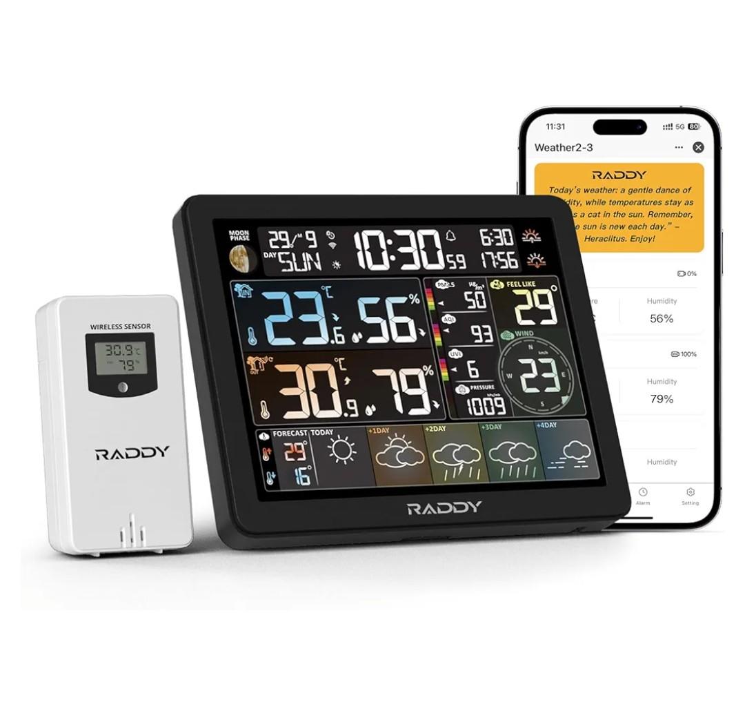 Raddy N80 WiFi Weather Station with Phone APP, Wireless Indoor Outdoor Thermometer with AI Life Assistant, 8” Display, PM2.5/AQI, UV Index, Sunrise/Sunset Time, 4 Alarms, Weather Forecast