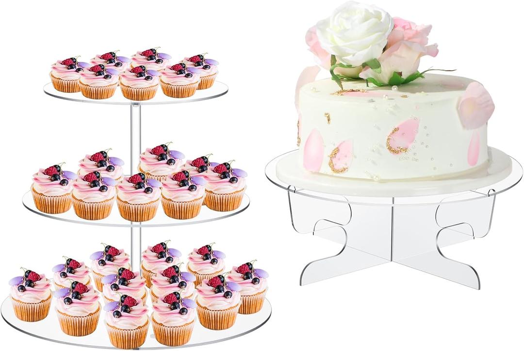 2 Pcs Acrylic Cake and Cupcake Stand Combo Include 3 Tier Clear Dessert Display Stand 1 Tier Round Acrylic Cake Stand with Base for Wedding Baby Shower Party, Please Remove The Protective Film
