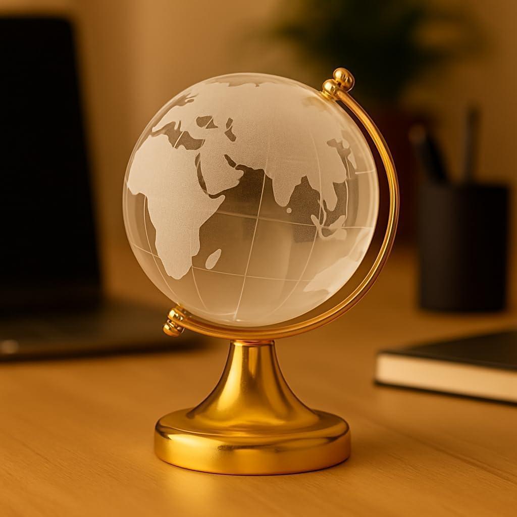 Elegant Crystal Globe with Gold Stand  3D Decorative World Map, Modern Desk Ornament, Office & Home Decor (Medium)