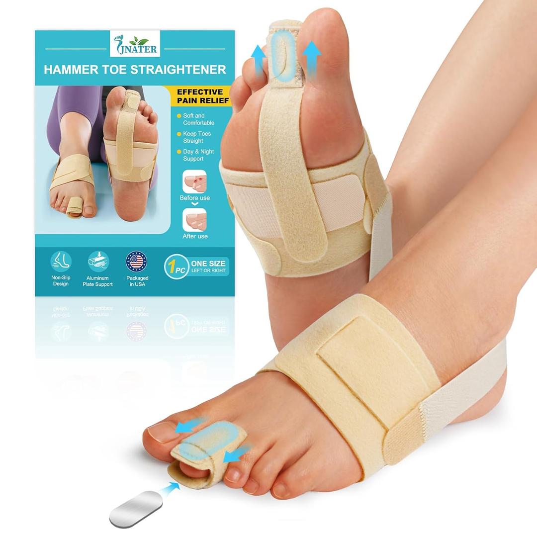 Hammer Toe Straightener - Non-Slip Hammer Toe Corrector for Women & Men, Adjustable Toe Splint for Curled, Crooked Toes, Broken Support - Day & Night Relief (1 Compression Foot Wrap & 1 Strap, Beige)