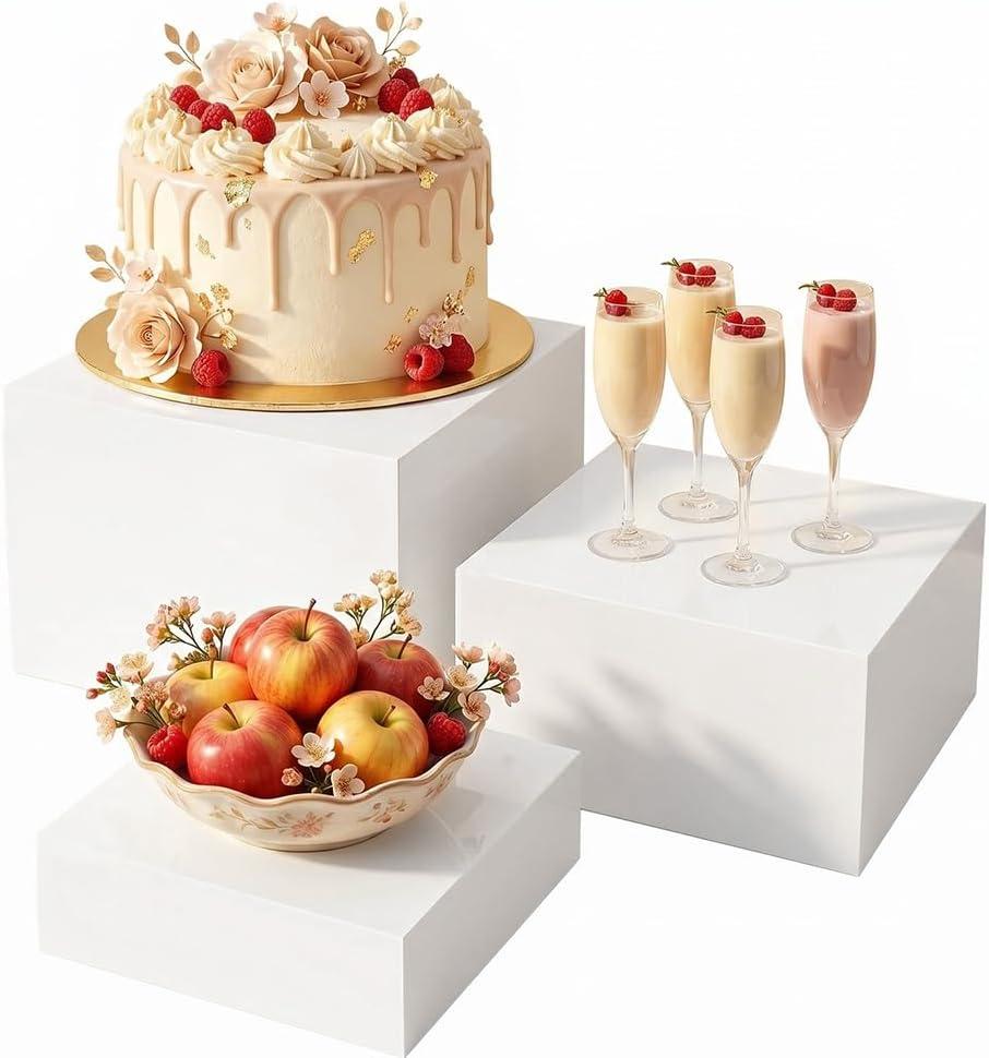 3Pack White Buffet Risers and Stands, Acrylic Food Risers for Buffet Table, Nesting Display Stand Shelf for Party Catering & Dessert, White Risers for Display for Food, Jewelry & Collectibles