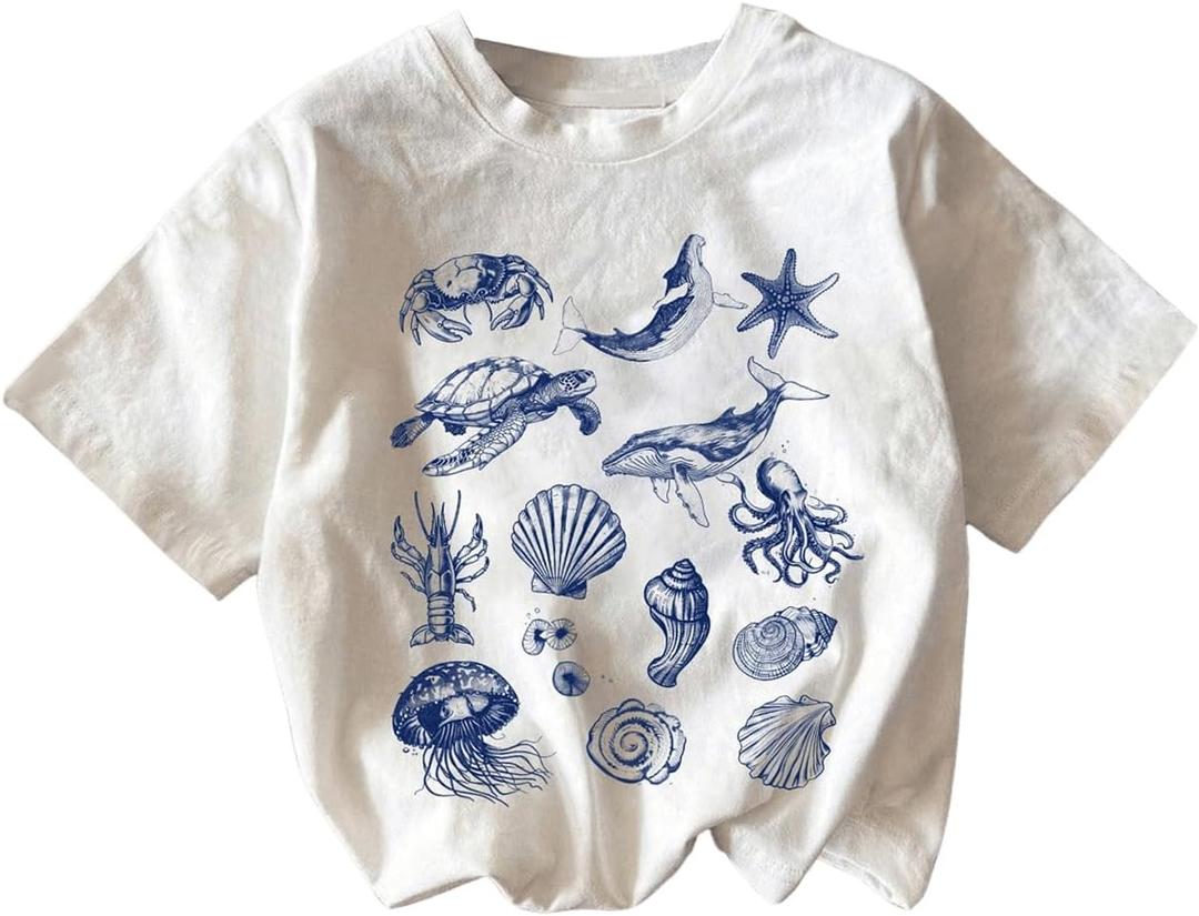 Girl's Graphic Print Tee Shirt Round Neck Short Sleeve T Shirts Summer Cute Trendy Tops (White and Blue)