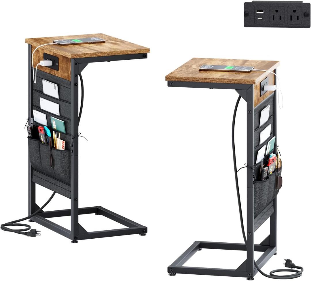 C-Shaped End Tables Set of 2, Small Couch SideTable with Fast-Charging Station, Sofa TV Tray Table with Storage Bag for Living Room, Bedroom, Bedside ET-BR-W2