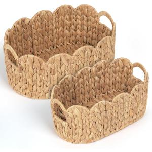 iEGrow Scalloped Wicker Basket, Set of 2 Hand-Woven Natural Rattan Baskets with Built-in Handles, Water Hyacinth Storage Oval Cute Baby Baskets for Nursery, Organizing, Decor and Shelves