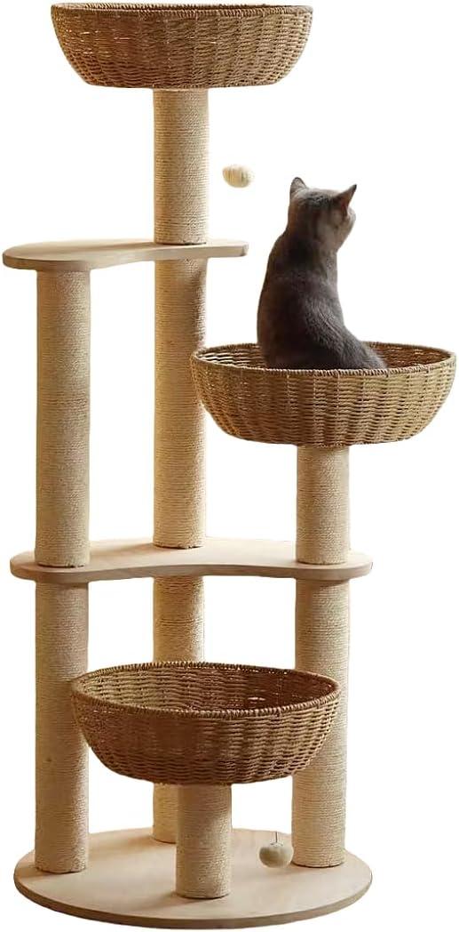 54" Modern Cat Tree for Large Cats, Wood Luxury Multi-Level Oak Solid Wood Cat Trees Cat Towers with 3 Rattan Weaving Cat Nests & Washable Cushions, Sisal Scratching Posts, for Indoor Cats-Lacquered