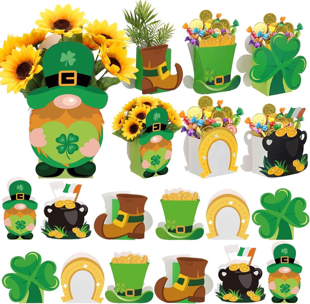 Hollowfly 12 Pack St. Patrick's Day Treat Boxes Irish Shamrock Leprechaun Table Decorations Clover Paper Candy Cookie Gift Box Bags Flower Vase for St. Patrick's Spring Activity Home Tabletop Decor