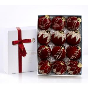 12PCS Velvet Glitter Christmas Ball Ornaments, 3.15 Inches Luxury Christmas Decorations, Elegance Modern Hanging Ornaments for Xmas Tree, Party, Wedding, Home Decor (Red)