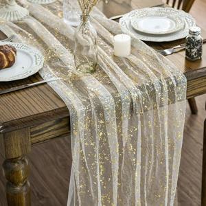 Artoid Mode Beige Gold Gauze Table Runner 120 Inch 10FT, Glitter Metallic Foil Sheer Dining Wedding Anniversary Holiday Birthday Table Decor for Home Party, 2 Pack