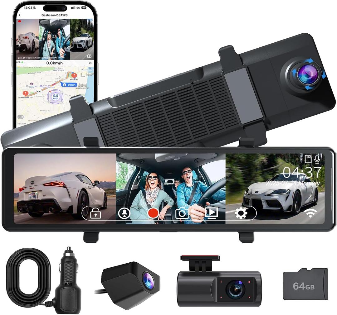 3 Channel Mirror Dash Cam,12" Front 4K+Inside 1080P+Rear 1080P Triple Rear View Mirror for Cars, 5.8GHz WiFi, Night Vision, G-Sensor, Reverse Assist, Includes 64GB Card (Black)