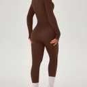 OLCHEE Womens Long Sleeve Workout Jumpsuit Seamless Ribbed Tummy Control Yoga Bodycon Zip Up One Piece Unitard Sculpt Rompers (Brown, S)