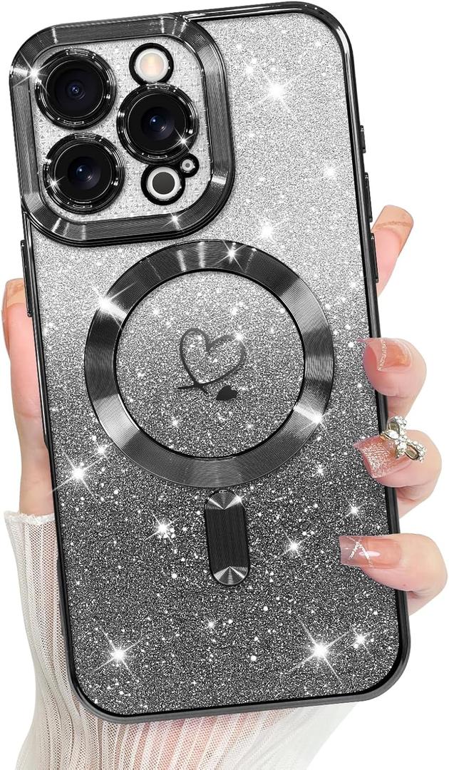 Bonoma Compatible with iPhone 16 Pro Case Support for MagSafe, Plating Heart Glitter Magnetic 2* Screen Protector TPU Camera Protection Back Cover for Girls Women -Black