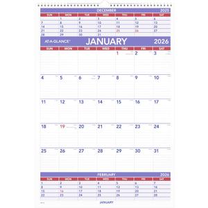 AT-A-GLANCE 2026 Wall Calendar, 15-1/2" x 22-3/4", Large, 3-Month Reference (PM62826), 15.5"w X 22.75"h