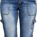 Flamingals Women's Star Flap Pocket Side Vintage Summer Low Waist Skinny Cargo Capris Jeans (Blue, XL)