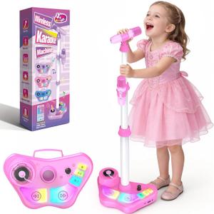 Kids Stand Karaoke Machine Toys for 3 4 5 6 7 8 Year Old Girls Gift, Kid Rechargeable Microphone Toddler Birthday Gift Singing Toy for Girl Ages 3-5 4-6, Portable Bluetooth Speaker with 2 Mics (Pink)