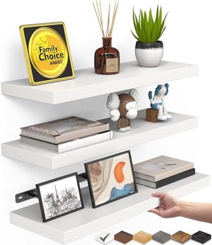 BAYKA White Floating Shelves for Wall, Set of 3, Rustic Wood Wall Shelves with Metal Brackets for Bathroom, Bedroom, Kitchen, or Living Room Decor Organization, Sturdy Storage with lb Capacity