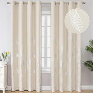 Estelar Textiler Cream Beige Room Darkening Curtains 102 Inches Long with Silver Palm Leaf and Wheat Pattern, Light Filtering Window Curtain Drapes for Bedroom and Living Room, 52Wx102L, 2 Drapes