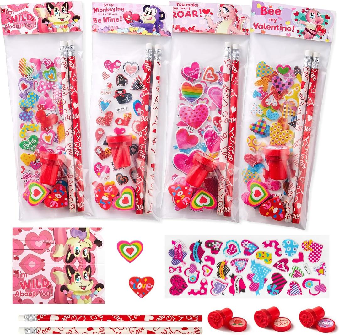 JOYIN 28 Packs/225pcs Valentines Day Stationery Kids Gift Set for School Classmates Exchange, Party Favor, Includes Pencils, Erasers, Stamper, Stickers