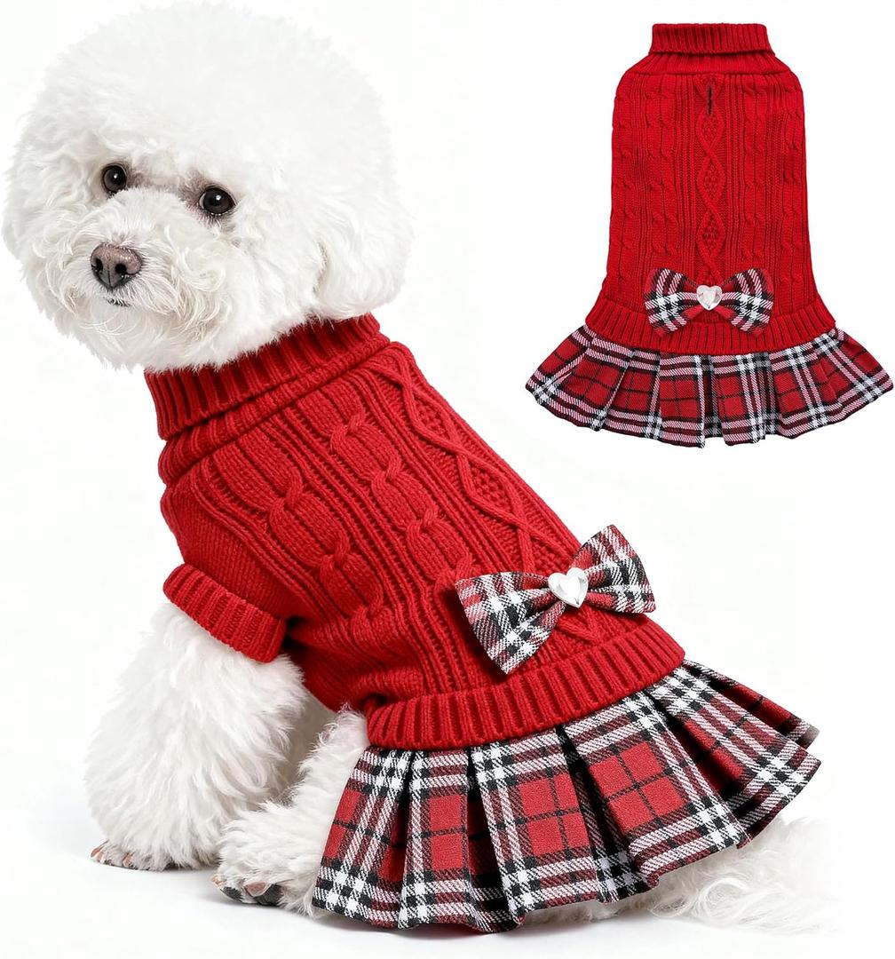 WOYYHO Girl Dog Sweater Dress with Bowtie Turtleneck Small Dogs Sweater with Leash Hole, Knitted Small Dog Sweaters Dress Puppy Winter Clothes for Yorkies Chihuahua (Medium, Red) (Medium (9-15lbs))