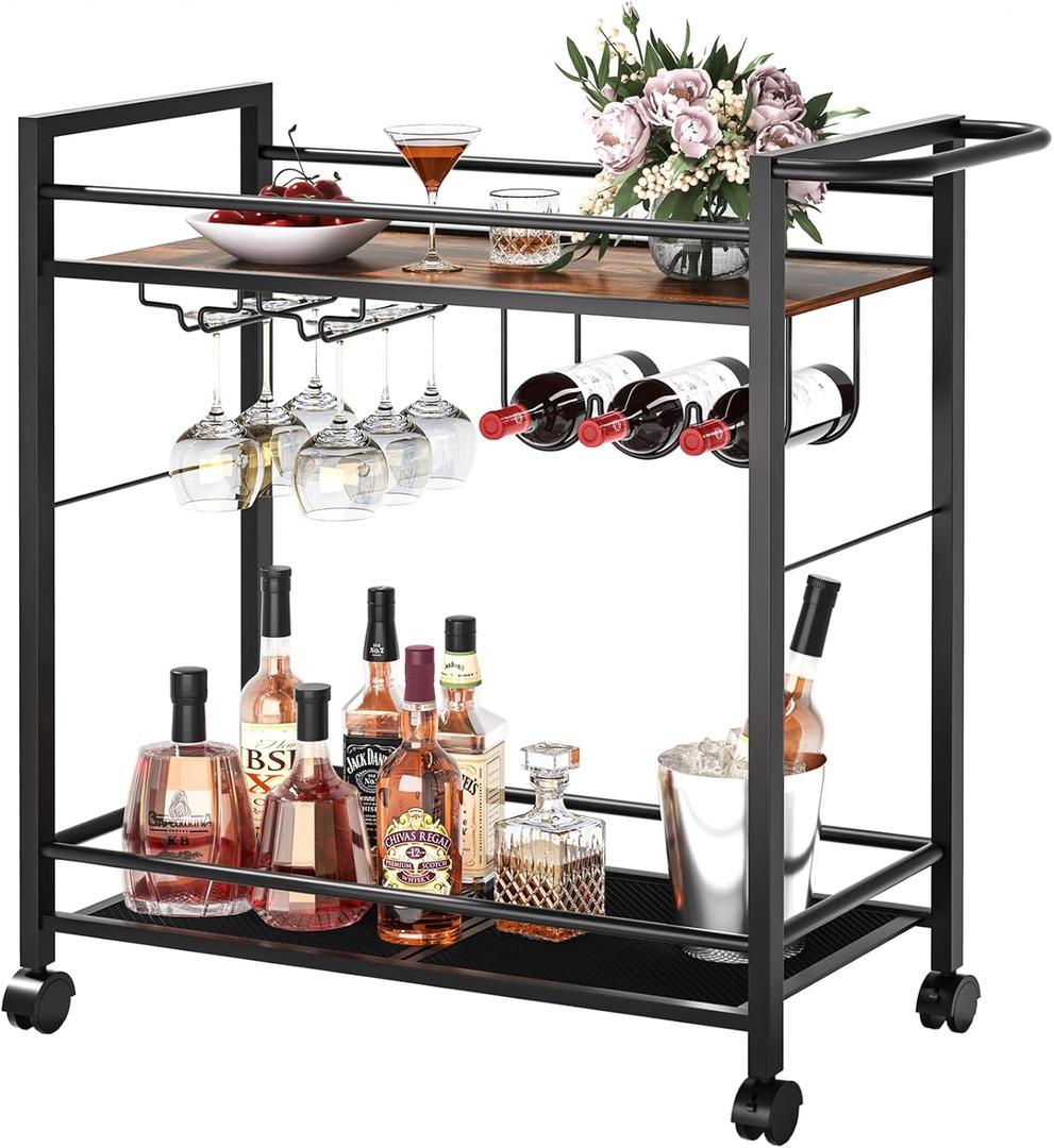 Bar Cart,Home Bar Serving Cart with Storage Shelves, 2 Tier Rolling Beverage Cart with Wheels, Modern Wine Cart with Wine Rack and Glass Holder for Kitchen, Living Room,Dinning Room,Brown