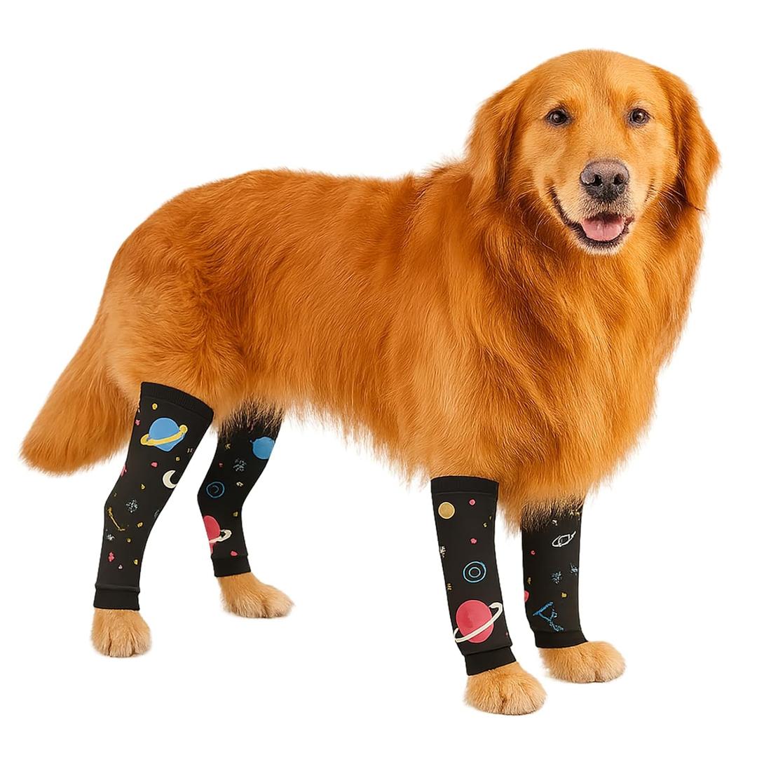 Petwarm Dog Recovery Leg Sleeves 4pcs Set Galaxy Print  Soft Elastic Anti-Bite Leg Covers for Dogs, Cone Alternative for Surgery & Joint Relief, Black, L