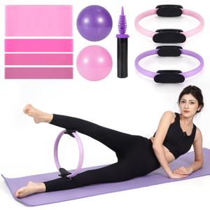 Pilates Ring Circle and Pilates Ball Set, 12 Inch&14Inch Magic Circle Pilates Ring,9 Inch Small Exercise Ball,Resistance Bands Set, Home Pilates Equipment for Women