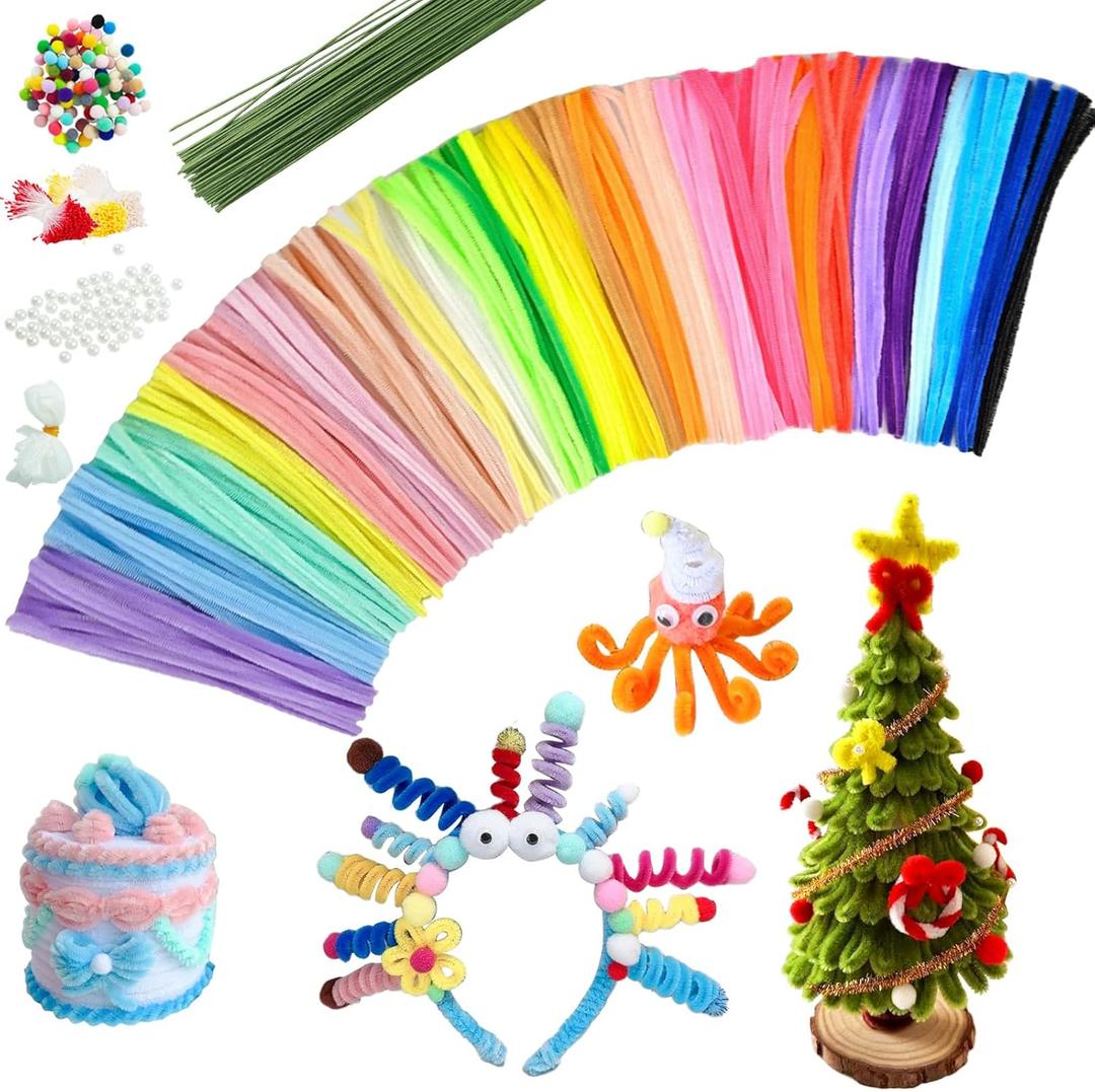 300Pcs Pipe Cleaners,Chenille Stems Crafts Kits with Pom Poms White Ribbon Elastic String Pearls Artificial Flower Stems and Stamens Pipe Cleaner for DIY Art,Craft Supplies