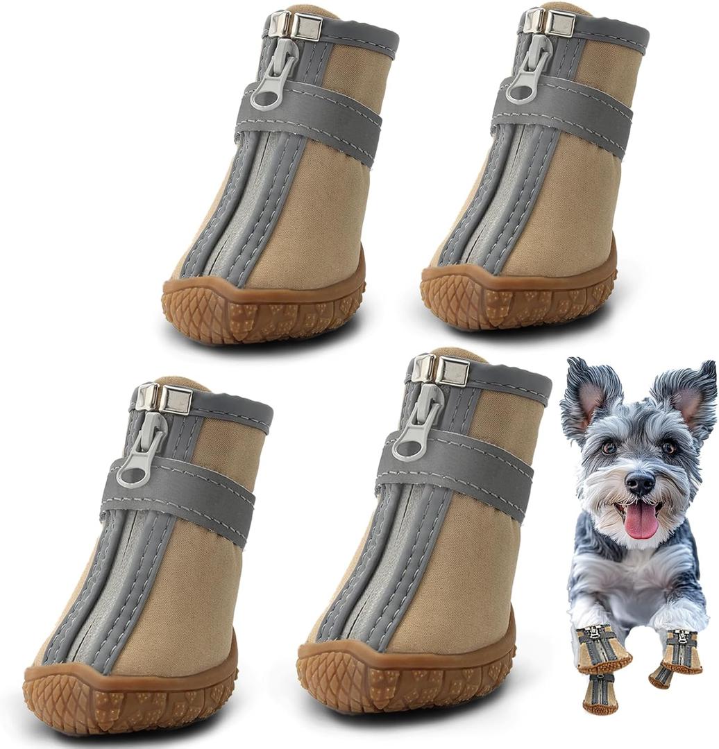 Hcpet Dog Shoes for Small Dogs, Dog Boots & Paw Protectors for Hot Pavement Winter Snow Hiking, Anti-Slip Dog Booties for Hardwood Floor Khaki Size 3