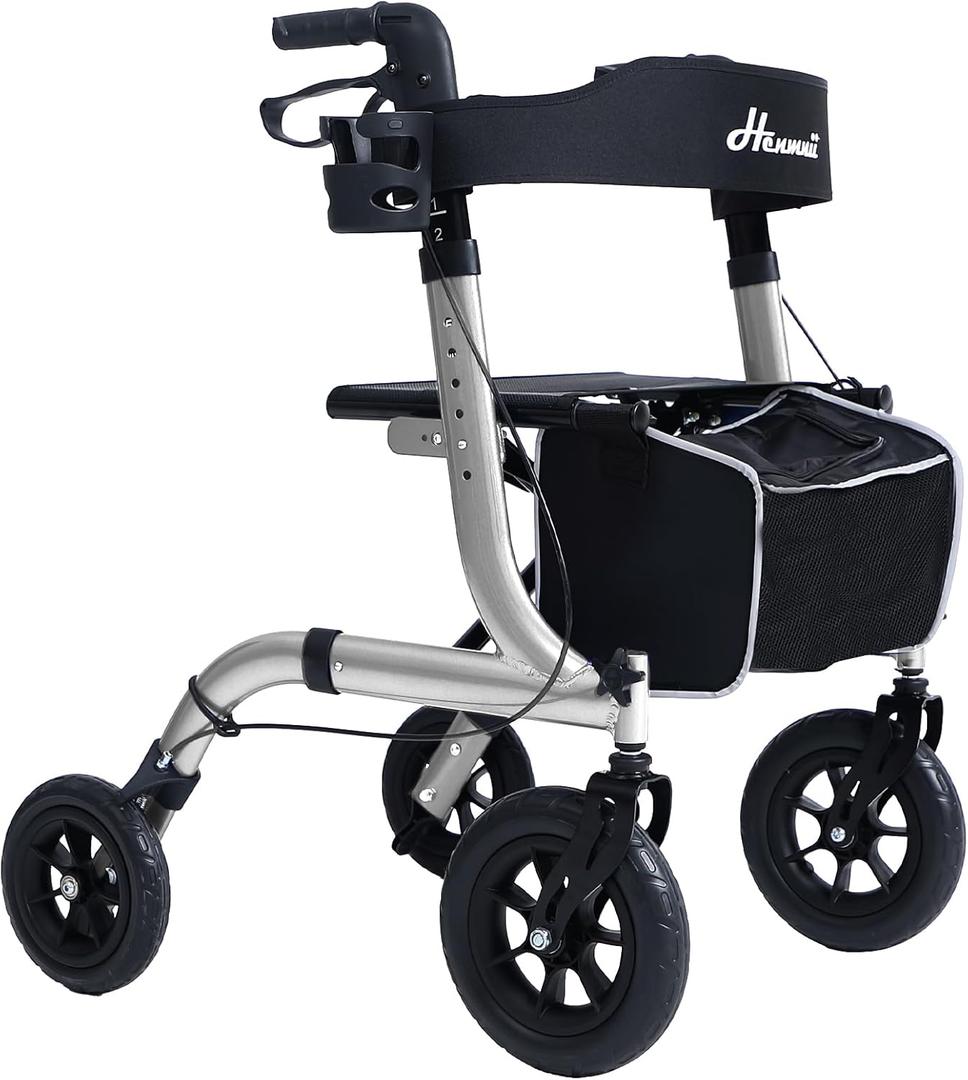 Rollator Walker for Seniors, Lightweight Foldable All Terrain Rolling Walker with seat, Aluminum Walkers with 10 inch Rubber Wheels, Handles and Backrest for Seniors and Adult (Silver)