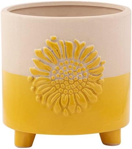 Napco Imports Decorative Home or Garden 5 x 5 Inch Indoor or Outdoor Flower Pot Planter Yellow and Beige Sunflower