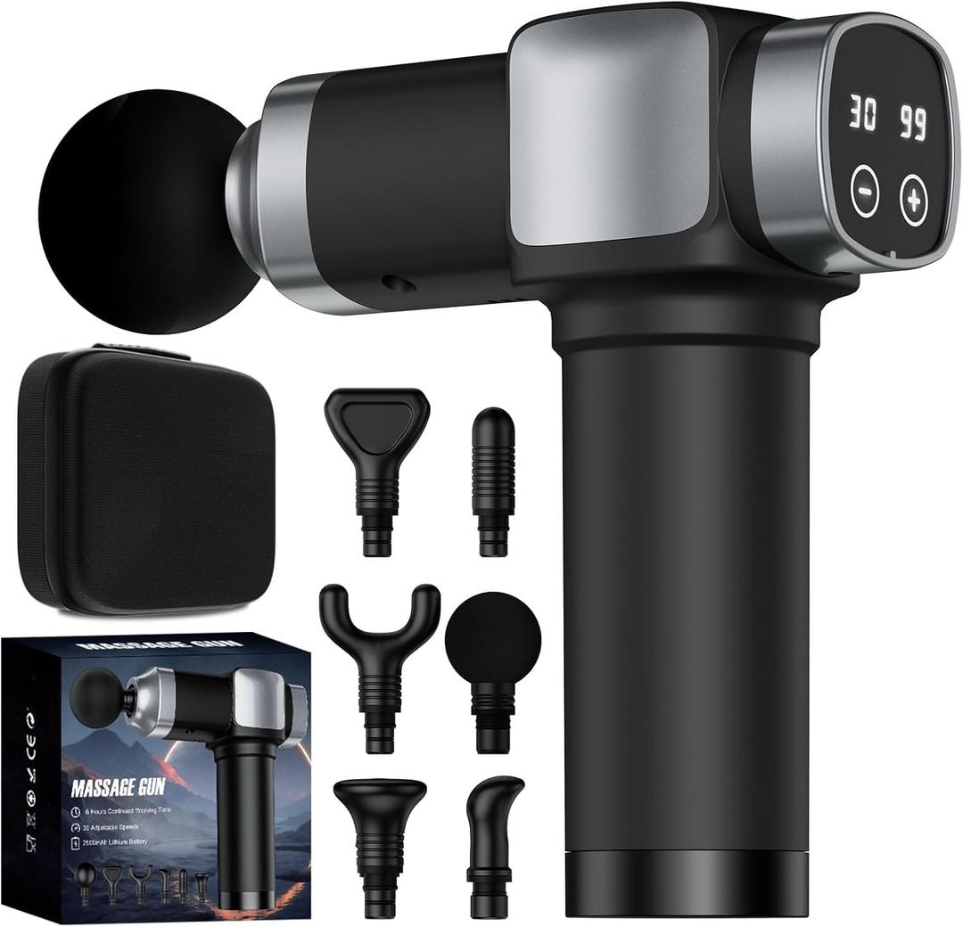 Massage Gun, Deep Tissue Massage Gun for Pain Relief, Handheld Electric Muscle Back Massager, Super Quiet Percussion Electric Massager with 30 Speed Levels 6 Massage Heads, Carry Case (Black)