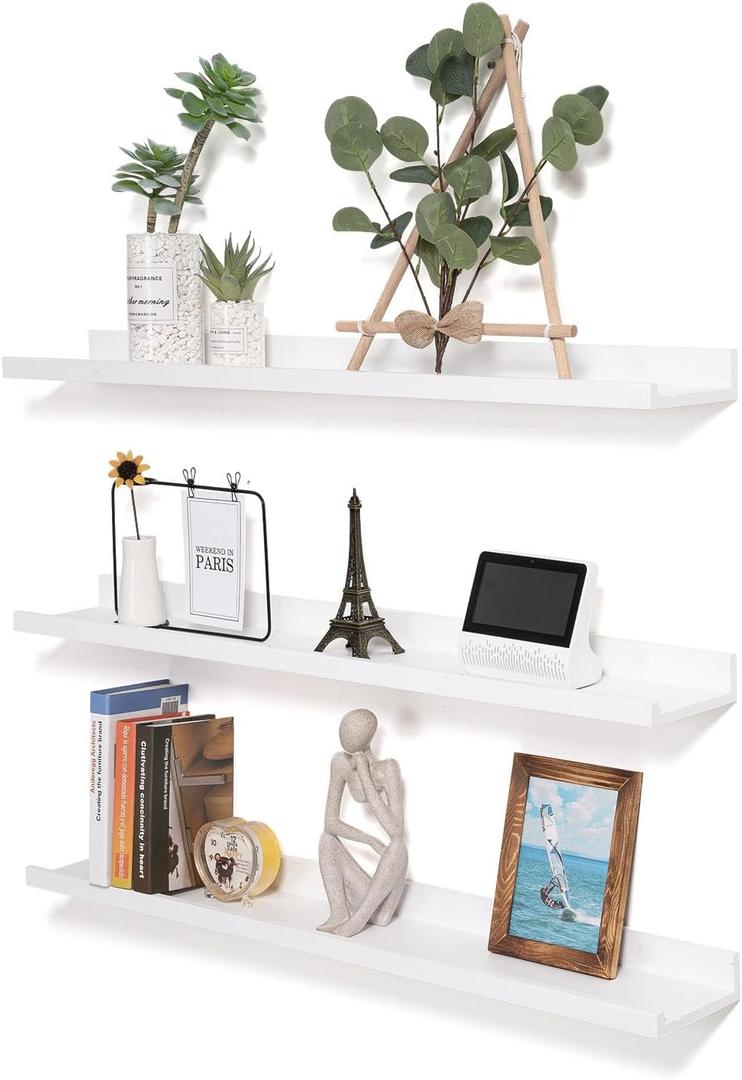 AZSKY 48 Inch Large Solid Wood Floating Shelves Long Wall Shelf White Picture Ledge Set of 3 Photo Shelf for Wall Decor with Lip for Bedroom Bathroom Living Room Kitchen (48Inch Set 3)